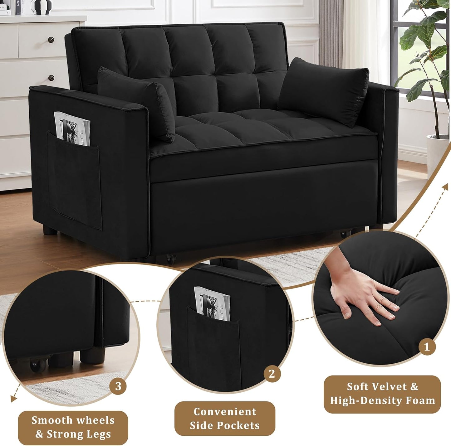 Oversized 3-In-1 Convertible Sleeper Sofa Bed, Futon Couch with Pullout Bed, 2-Seater Loveseat Sofa W/Pockets, Adjustable Backrest and Pillows for Living Room Apartment (Black-55Inch)