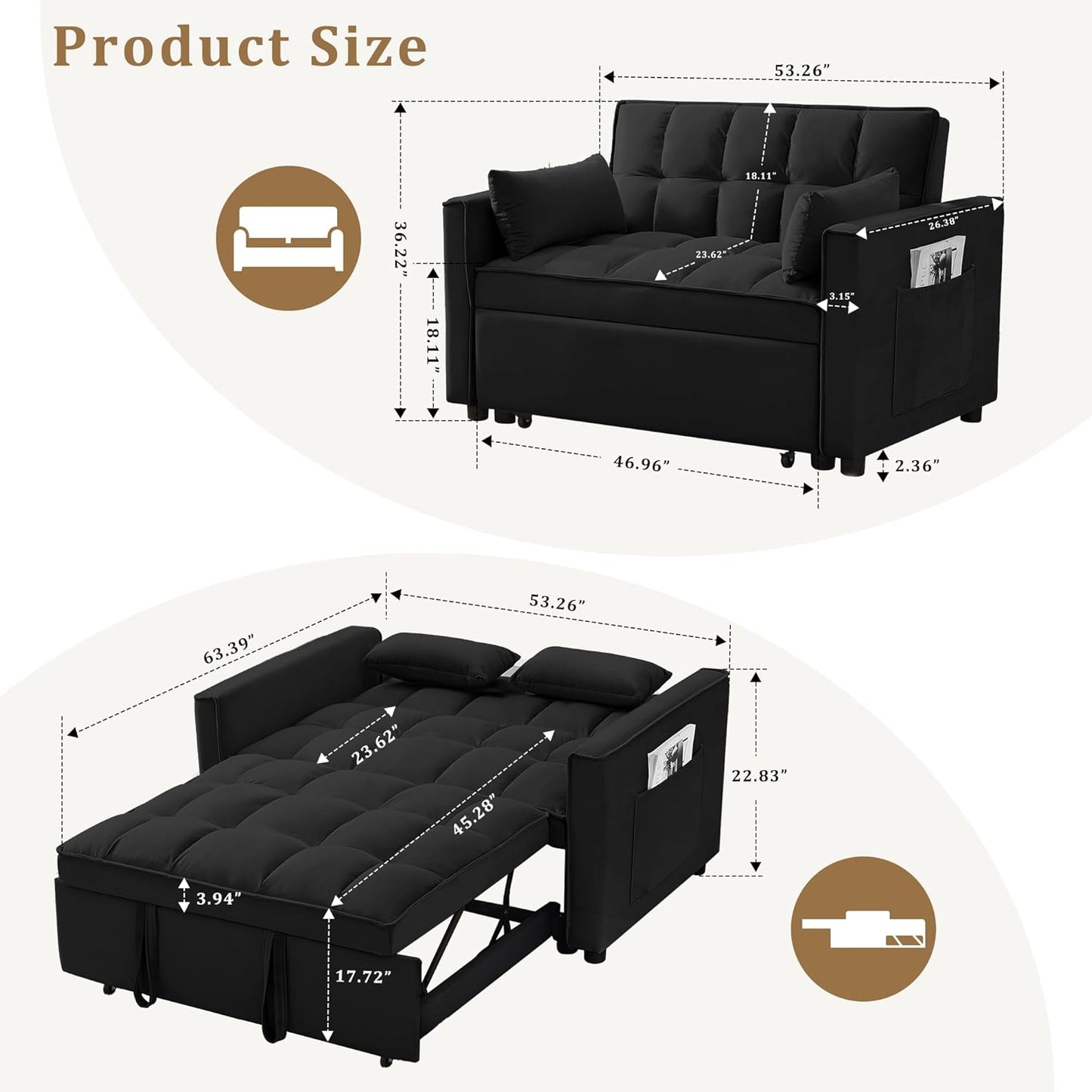 Oversized 3-In-1 Convertible Sleeper Sofa Bed, Futon Couch with Pullout Bed, 2-Seater Loveseat Sofa W/Pockets, Adjustable Backrest and Pillows for Living Room Apartment (Black-55Inch)