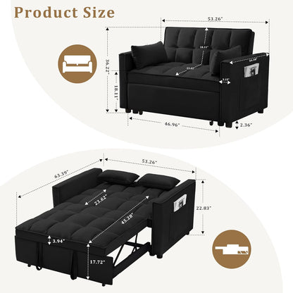 Oversized 3-In-1 Convertible Sleeper Sofa Bed, Futon Couch with Pullout Bed, 2-Seater Loveseat Sofa W/Pockets, Adjustable Backrest and Pillows for Living Room Apartment (Black-55Inch)