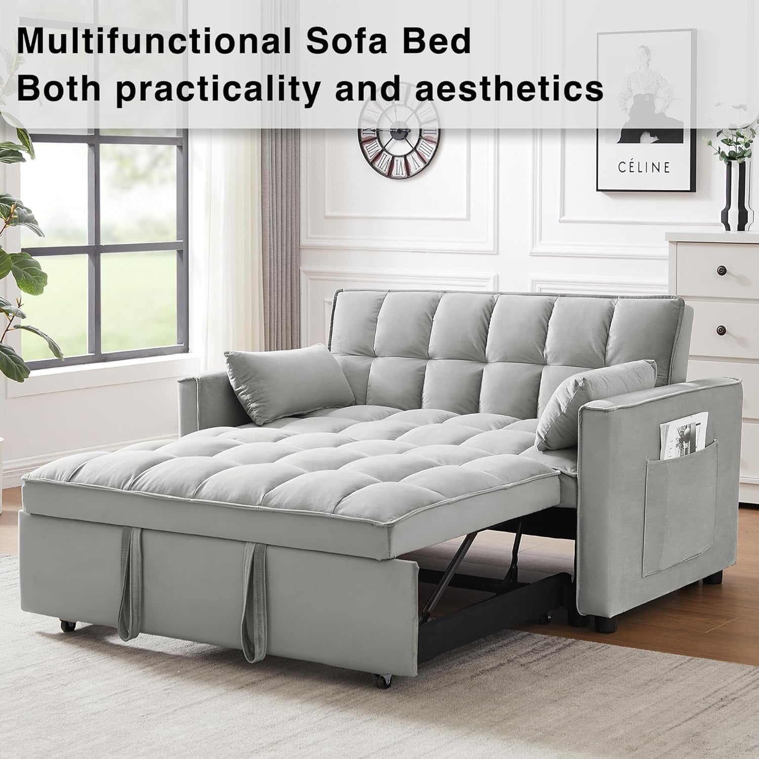 3 in 1 Velvet Convertible Sofa Bed, Modern Pull Out Couch Bed, Adjustable Backrest, 53'' Sleeper Loveseat with Pillows & Pockets, Futon Sofa Bed Full Size Couches for Small Spaces, Living Room (Gray)