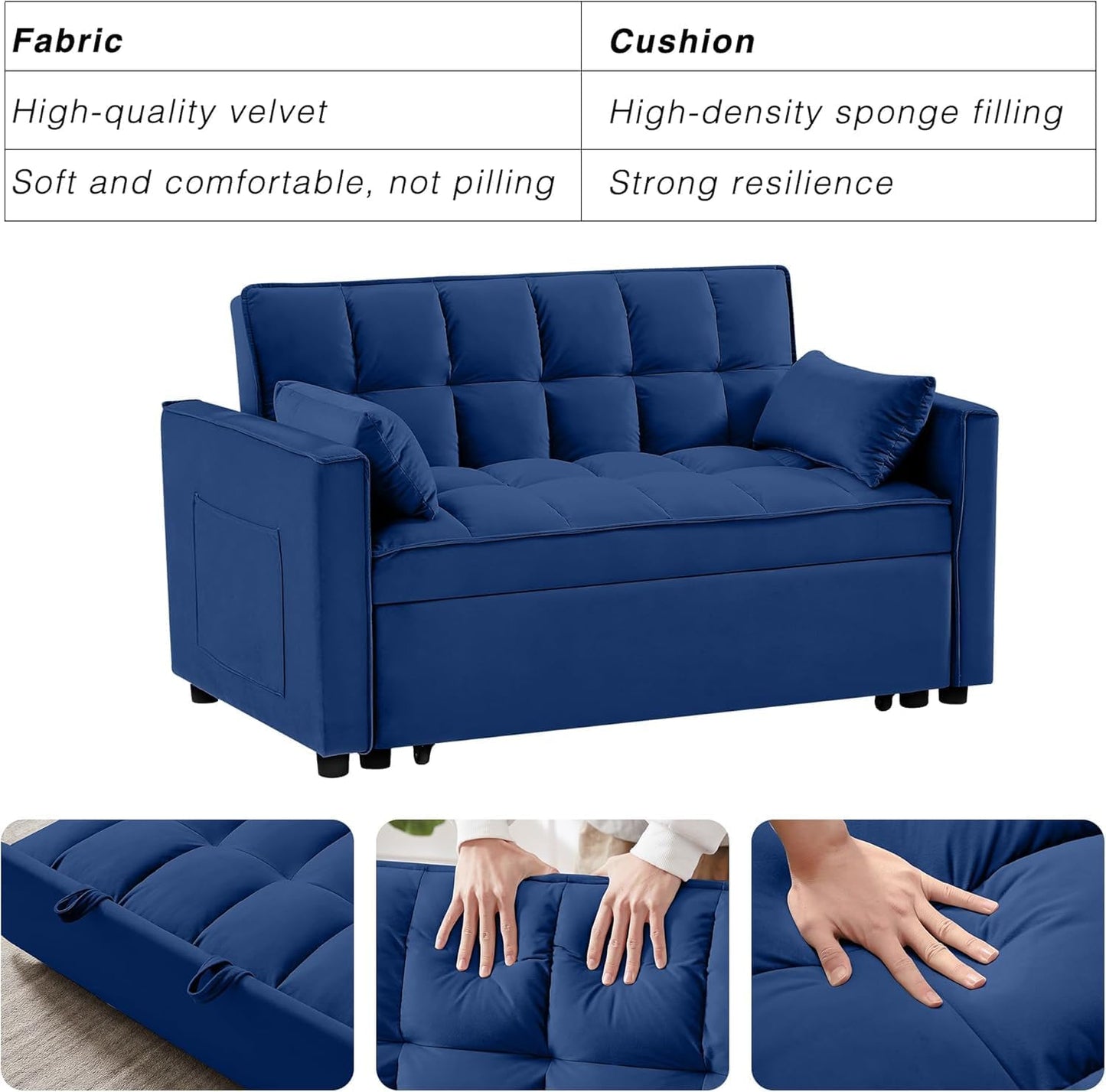 3 in 1 Velvet Convertible Sofa Bed, Modern Pull Out Couch Bed, Adjustable Backrest, 53'' Sleeper Loveseat with Pillows & Pockets, Futon Sofa Bed Full Size Couches for Small Spaces, Living Room (Blue)