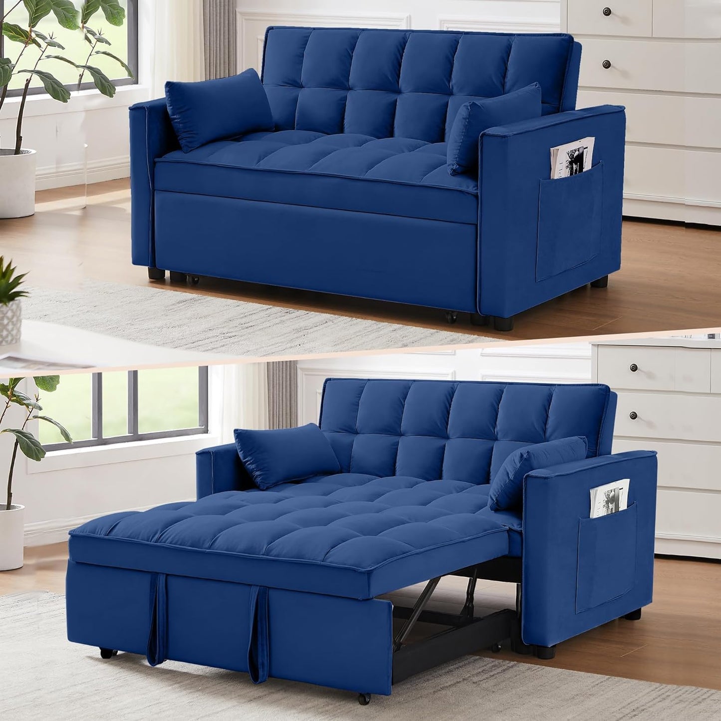 3 in 1 Velvet Convertible Sofa Bed, Modern Pull Out Couch Bed, Adjustable Backrest, 53'' Sleeper Loveseat with Pillows & Pockets, Futon Sofa Bed Full Size Couches for Small Spaces, Living Room (Blue)