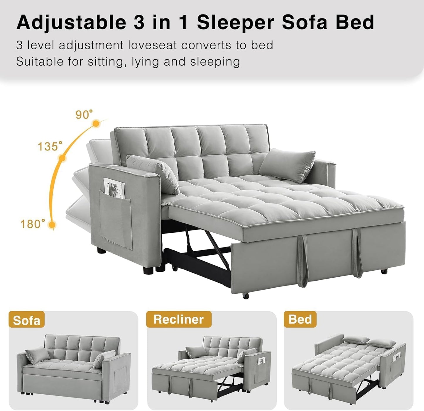3 in 1 Velvet Convertible Sofa Bed, Modern Pull Out Couch Bed, Adjustable Backrest, 53'' Sleeper Loveseat with Pillows & Pockets, Futon Sofa Bed Full Size Couches for Small Spaces, Living Room (Gray)