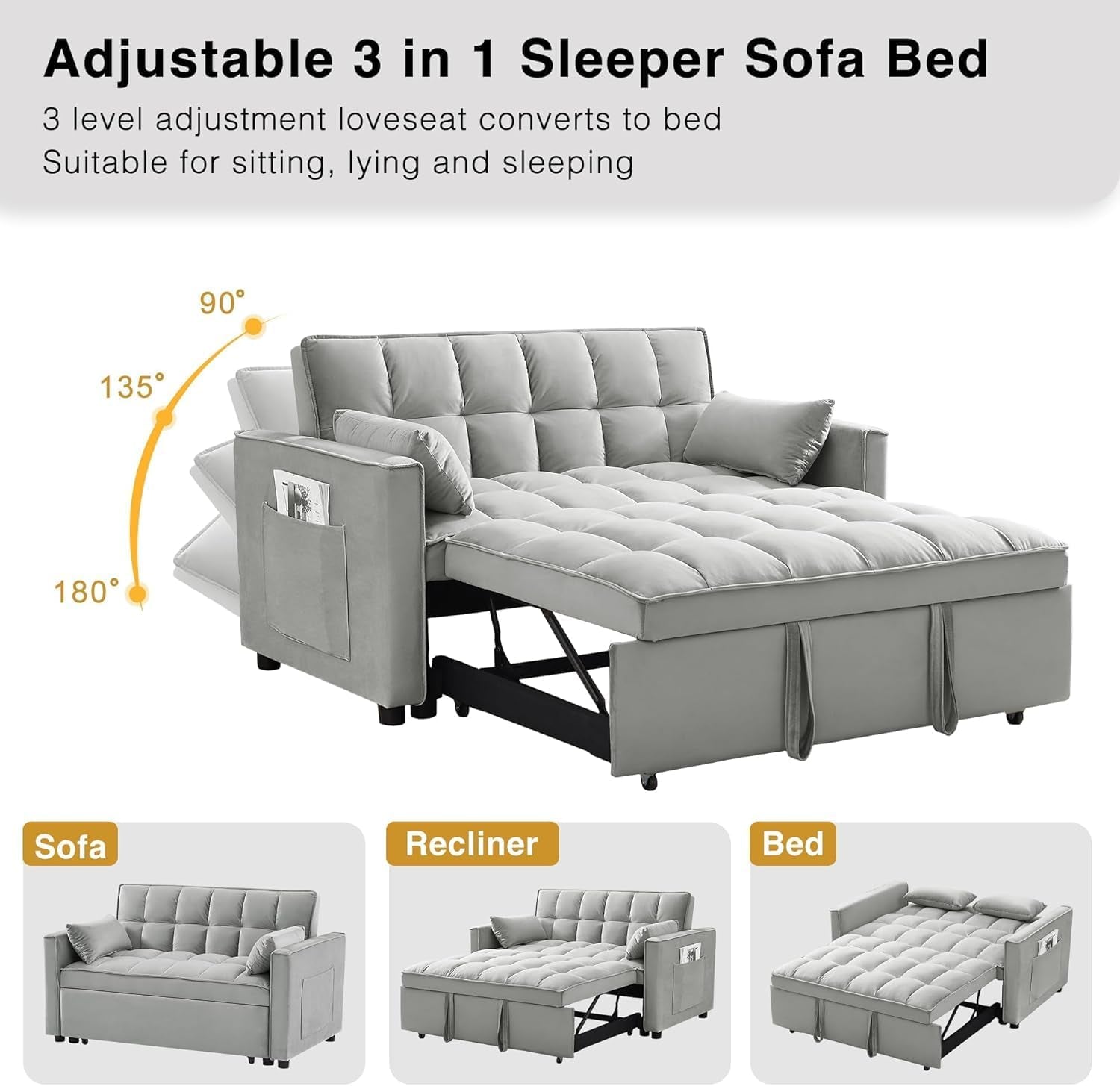 3 in 1 Velvet Convertible Sofa Bed, Modern Pull Out Couch Bed, Adjustable Backrest, 53'' Sleeper Loveseat with Pillows & Pockets, Futon Sofa Bed Full Size Couches for Small Spaces, Living Room (Gray)