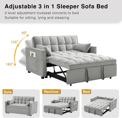 3 in 1 Velvet Convertible Sofa Bed, Modern Pull Out Couch Bed, Adjustable Backrest, 53'' Sleeper Loveseat with Pillows & Pockets, Futon Sofa Bed Full Size Couches for Small Spaces, Living Room (Gray)