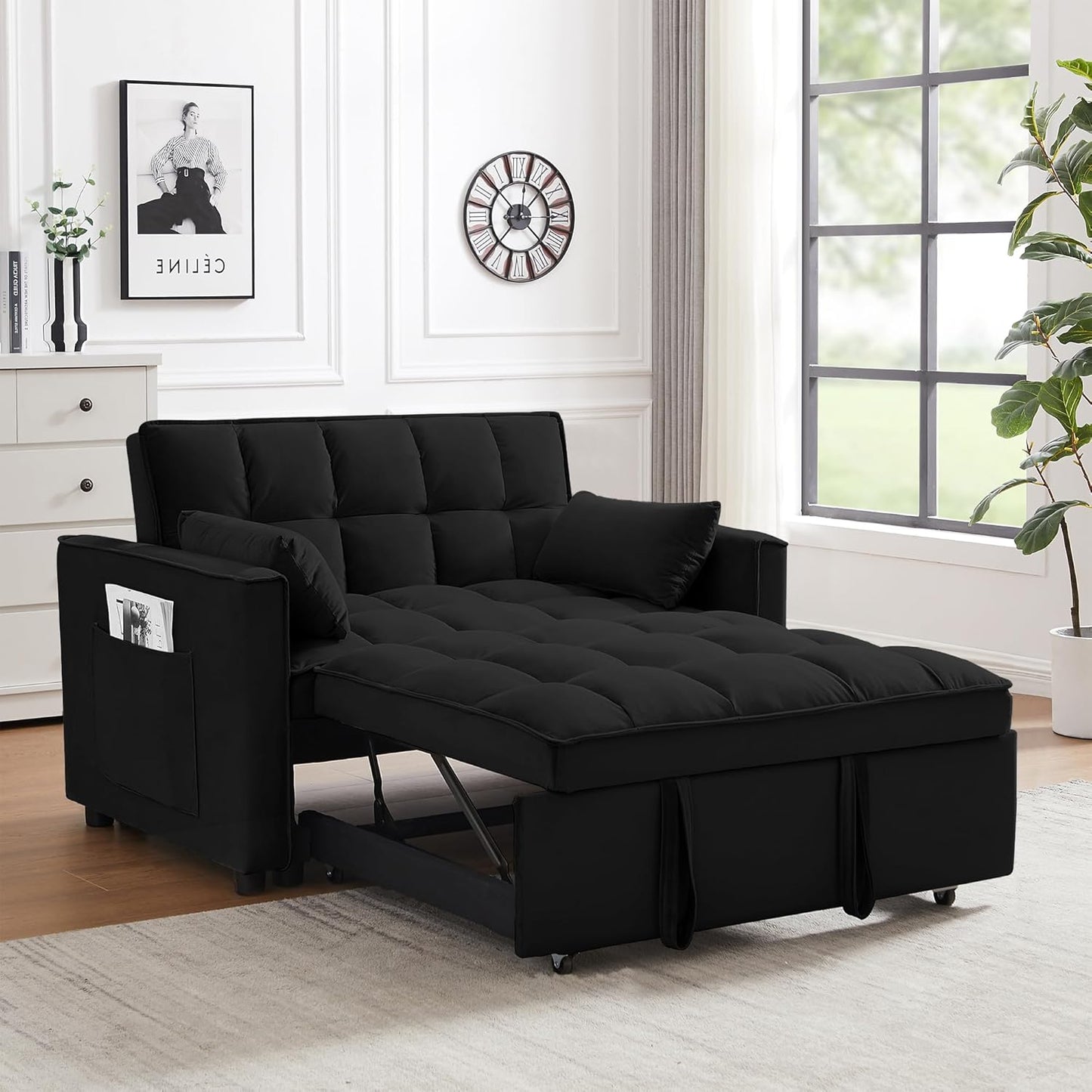 Oversized 3-In-1 Convertible Sleeper Sofa Bed, Futon Couch with Pullout Bed, 2-Seater Loveseat Sofa W/Pockets, Adjustable Backrest and Pillows for Living Room Apartment (Black-55Inch)