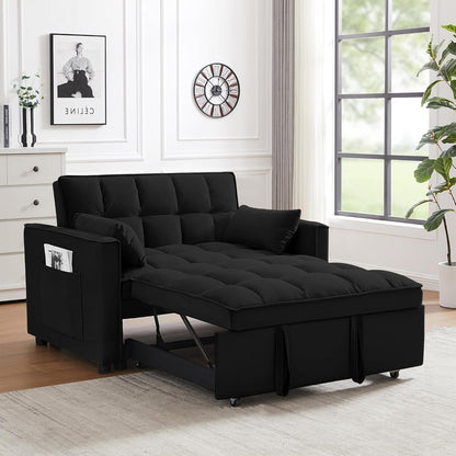 Oversized 3-In-1 Convertible Sleeper Sofa Bed, Futon Couch with Pullout Bed, 2-Seater Loveseat Sofa W/Pockets, Adjustable Backrest and Pillows for Living Room Apartment (Black-55Inch)