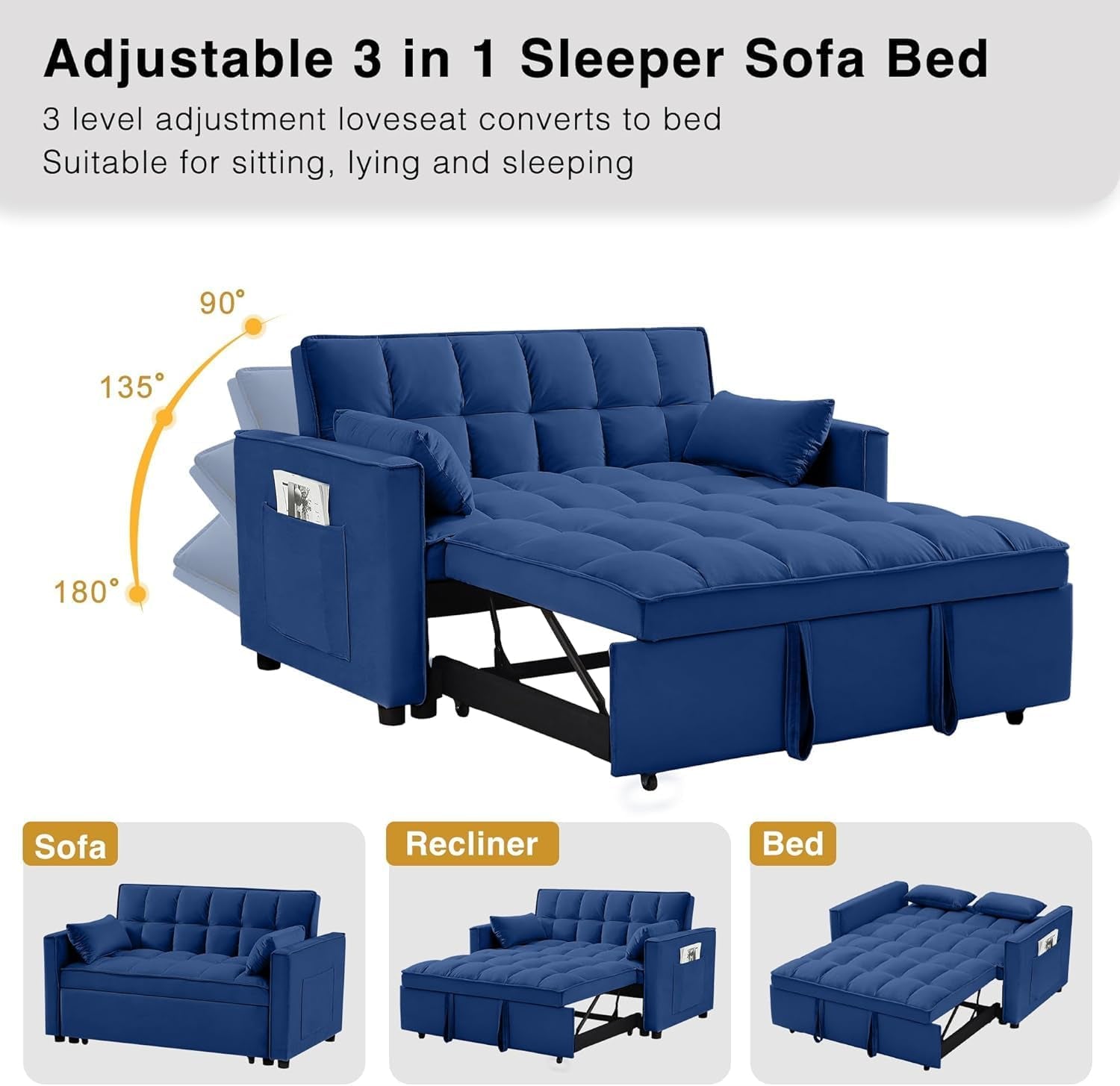 3 in 1 Velvet Convertible Sofa Bed, Modern Pull Out Couch Bed, Adjustable Backrest, 53'' Sleeper Loveseat with Pillows & Pockets, Futon Sofa Bed Full Size Couches for Small Spaces, Living Room (Blue)