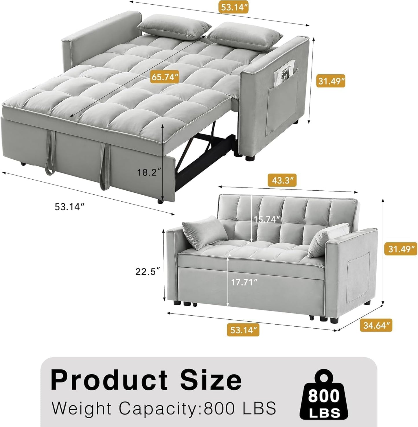 3 in 1 Velvet Convertible Sofa Bed, Modern Pull Out Couch Bed, Adjustable Backrest, 53'' Sleeper Loveseat with Pillows & Pockets, Futon Sofa Bed Full Size Couches for Small Spaces, Living Room (Gray)