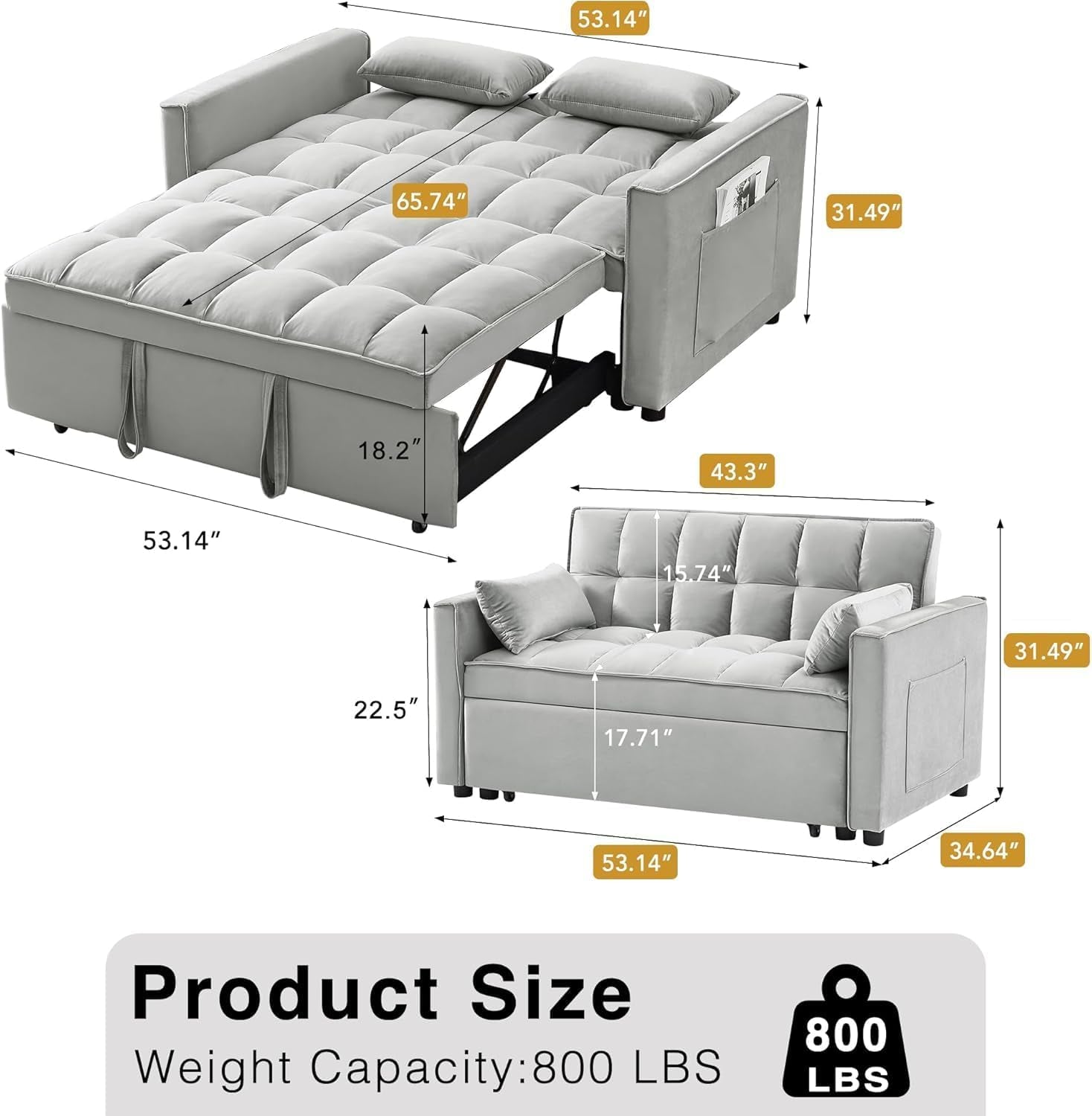 3 in 1 Velvet Convertible Sofa Bed, Modern Pull Out Couch Bed, Adjustable Backrest, 53'' Sleeper Loveseat with Pillows & Pockets, Futon Sofa Bed Full Size Couches for Small Spaces, Living Room (Gray)