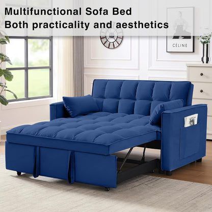 3 in 1 Velvet Convertible Sofa Bed, Modern Pull Out Couch Bed, Adjustable Backrest, 53'' Sleeper Loveseat with Pillows & Pockets, Futon Sofa Bed Full Size Couches for Small Spaces, Living Room (Blue)