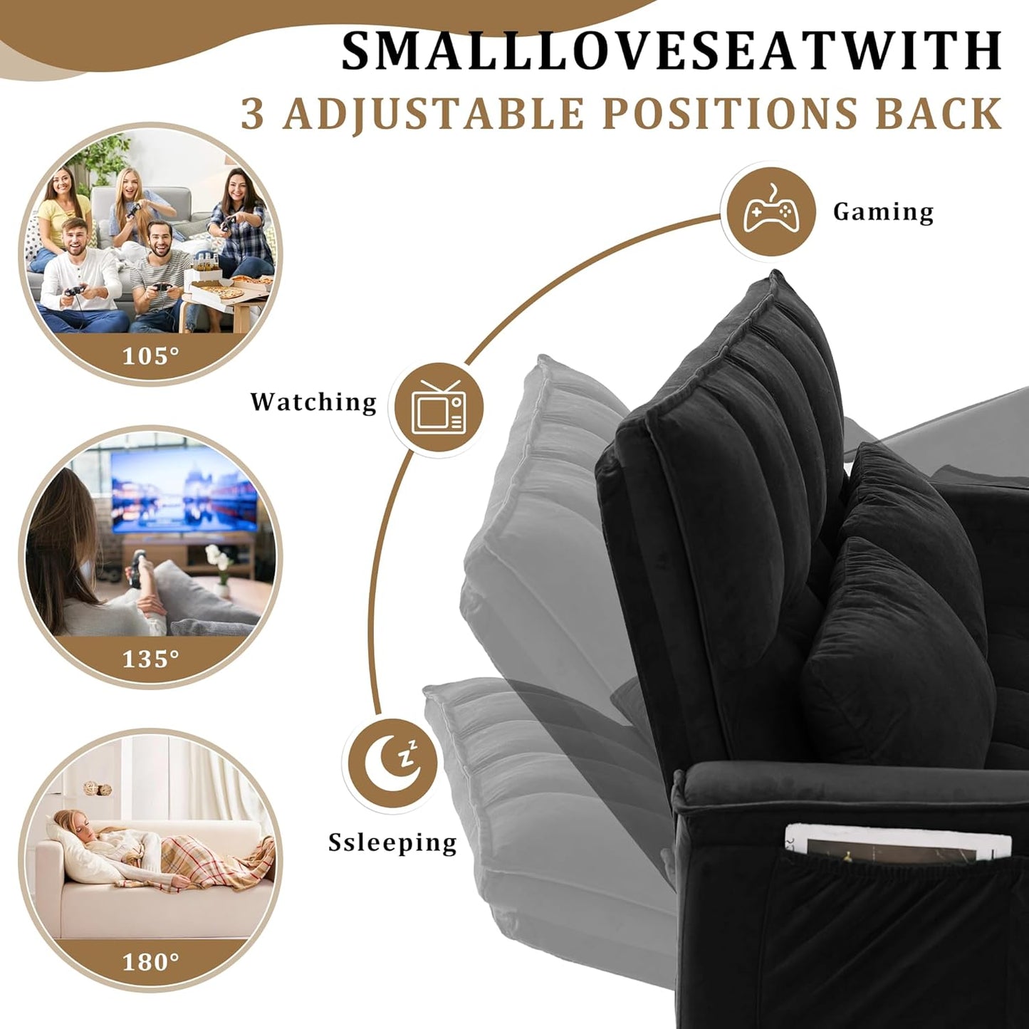 Oversized 3-In-1 Convertible Sleeper Sofa Bed, Futon Couch with Pullout Bed, 2-Seater Loveseat Sofa W/Pockets, Adjustable Backrest and Pillows for Living Room Apartment (Black-55Inch)