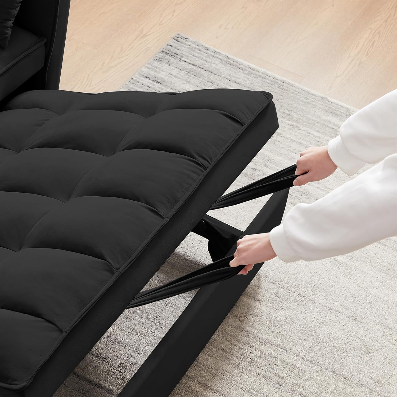 Oversized 3-In-1 Convertible Sleeper Sofa Bed, Futon Couch with Pullout Bed, 2-Seater Loveseat Sofa W/Pockets, Adjustable Backrest and Pillows for Living Room Apartment (Black-55Inch)