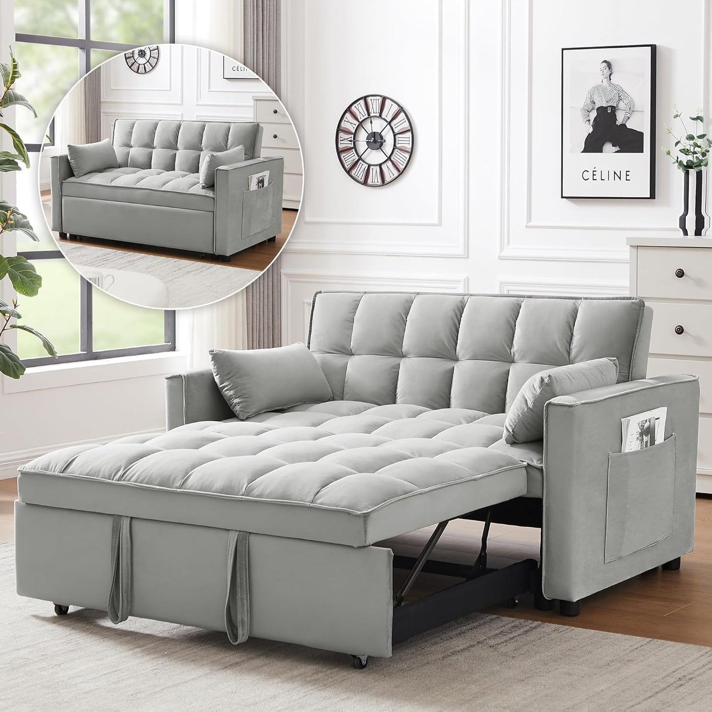 3 in 1 Velvet Convertible Sofa Bed, Modern Pull Out Couch Bed, Adjustable Backrest, 53'' Sleeper Loveseat with Pillows & Pockets, Futon Sofa Bed Full Size Couches for Small Spaces, Living Room (Gray)