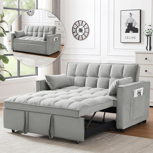3 in 1 Velvet Convertible Sofa Bed, Modern Pull Out Couch Bed, Adjustable Backrest, 53'' Sleeper Loveseat with Pillows & Pockets, Futon Sofa Bed Full Size Couches for Small Spaces, Living Room (Gray)