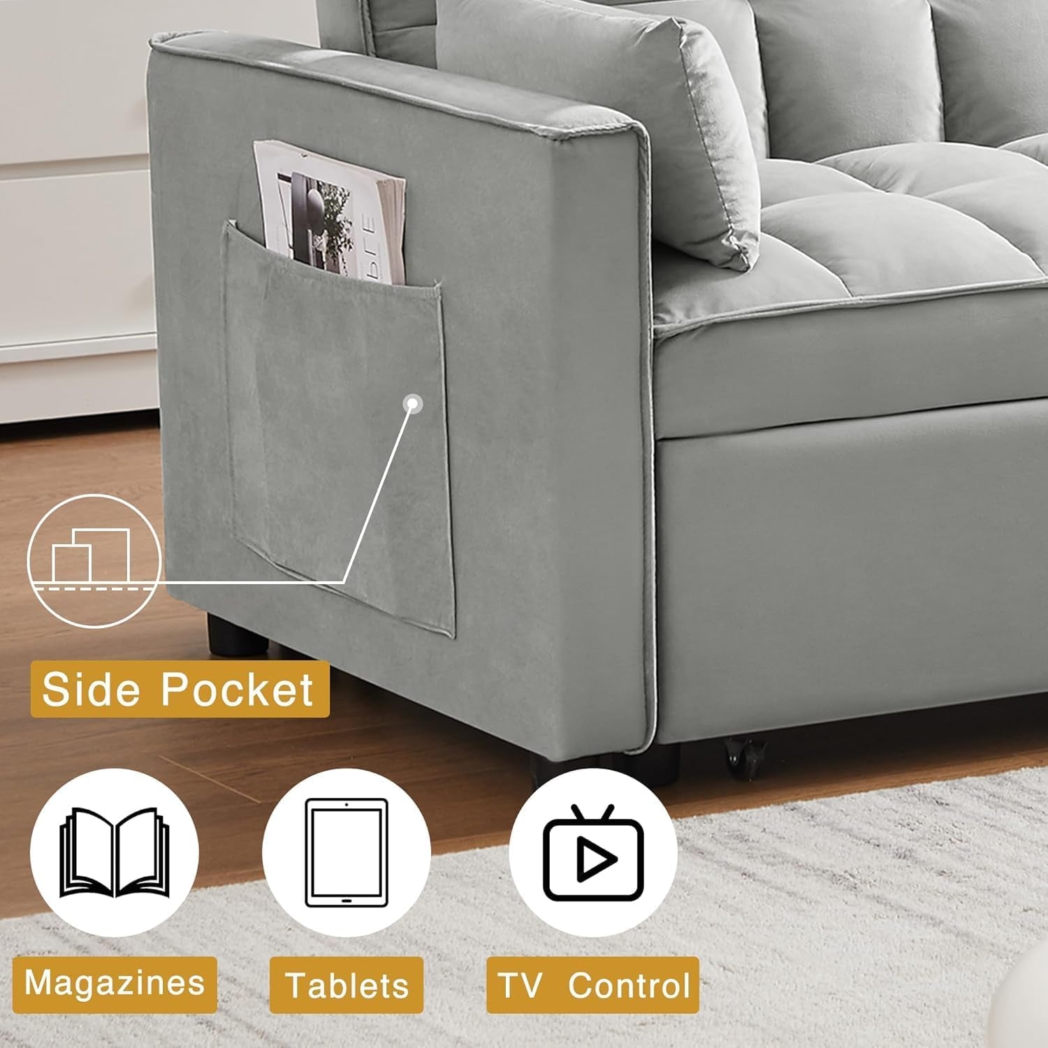 3 in 1 Velvet Convertible Sofa Bed, Modern Pull Out Couch Bed, Adjustable Backrest, 53'' Sleeper Loveseat with Pillows & Pockets, Futon Sofa Bed Full Size Couches for Small Spaces, Living Room (Gray)