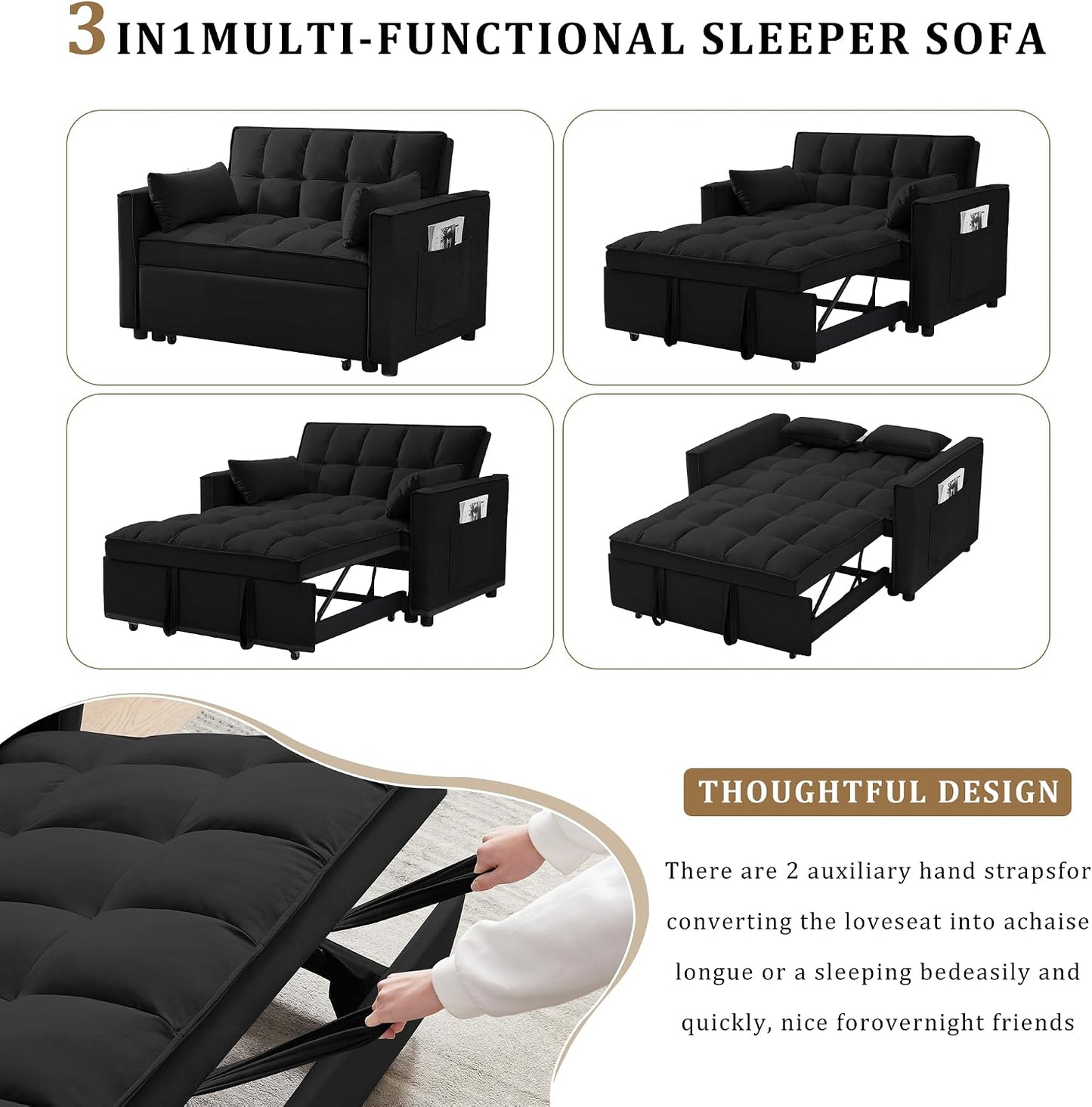 Oversized 3-In-1 Convertible Sleeper Sofa Bed, Futon Couch with Pullout Bed, 2-Seater Loveseat Sofa W/Pockets, Adjustable Backrest and Pillows for Living Room Apartment (Black-55Inch)
