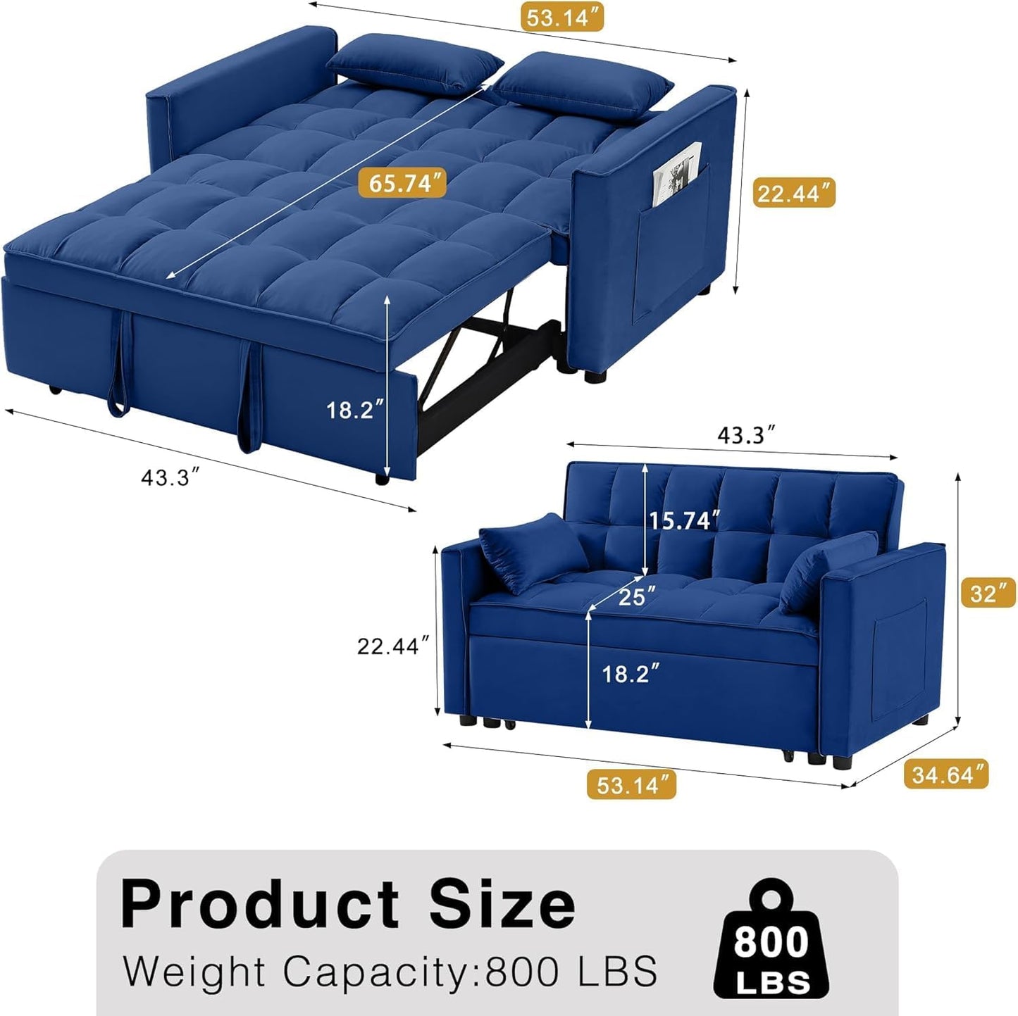 3 in 1 Velvet Convertible Sofa Bed, Modern Pull Out Couch Bed, Adjustable Backrest, 53'' Sleeper Loveseat with Pillows & Pockets, Futon Sofa Bed Full Size Couches for Small Spaces, Living Room (Blue)