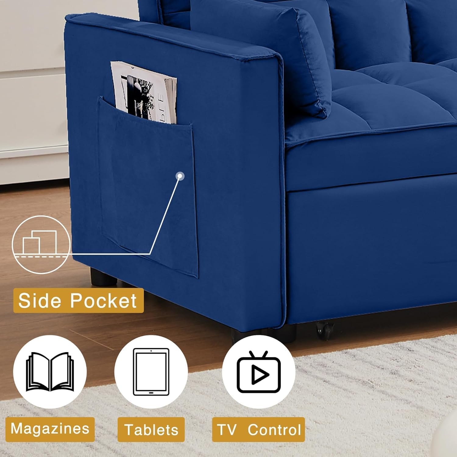 3 in 1 Velvet Convertible Sofa Bed, Modern Pull Out Couch Bed, Adjustable Backrest, 53'' Sleeper Loveseat with Pillows & Pockets, Futon Sofa Bed Full Size Couches for Small Spaces, Living Room (Blue)