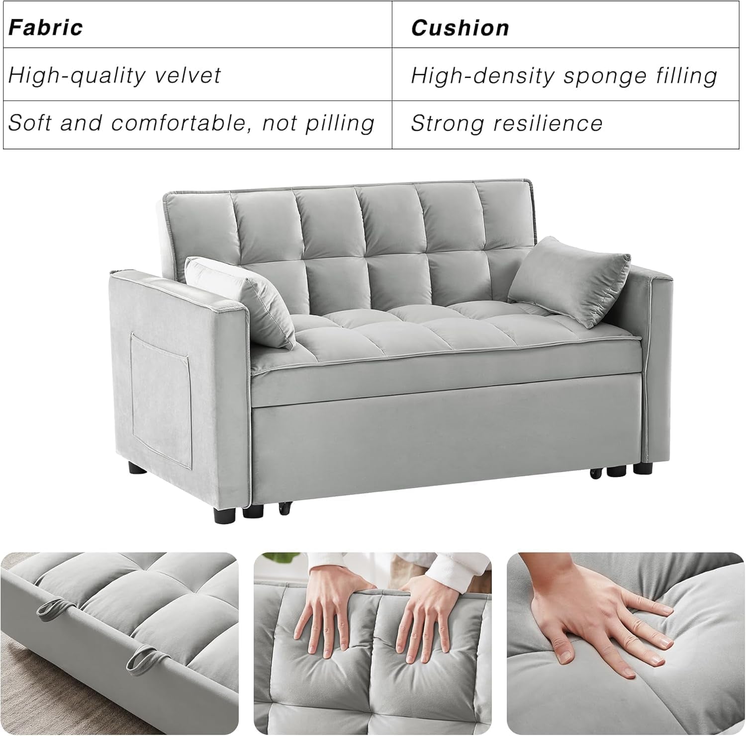 3 in 1 Velvet Convertible Sofa Bed, Modern Pull Out Couch Bed, Adjustable Backrest, 53'' Sleeper Loveseat with Pillows & Pockets, Futon Sofa Bed Full Size Couches for Small Spaces, Living Room (Gray)
