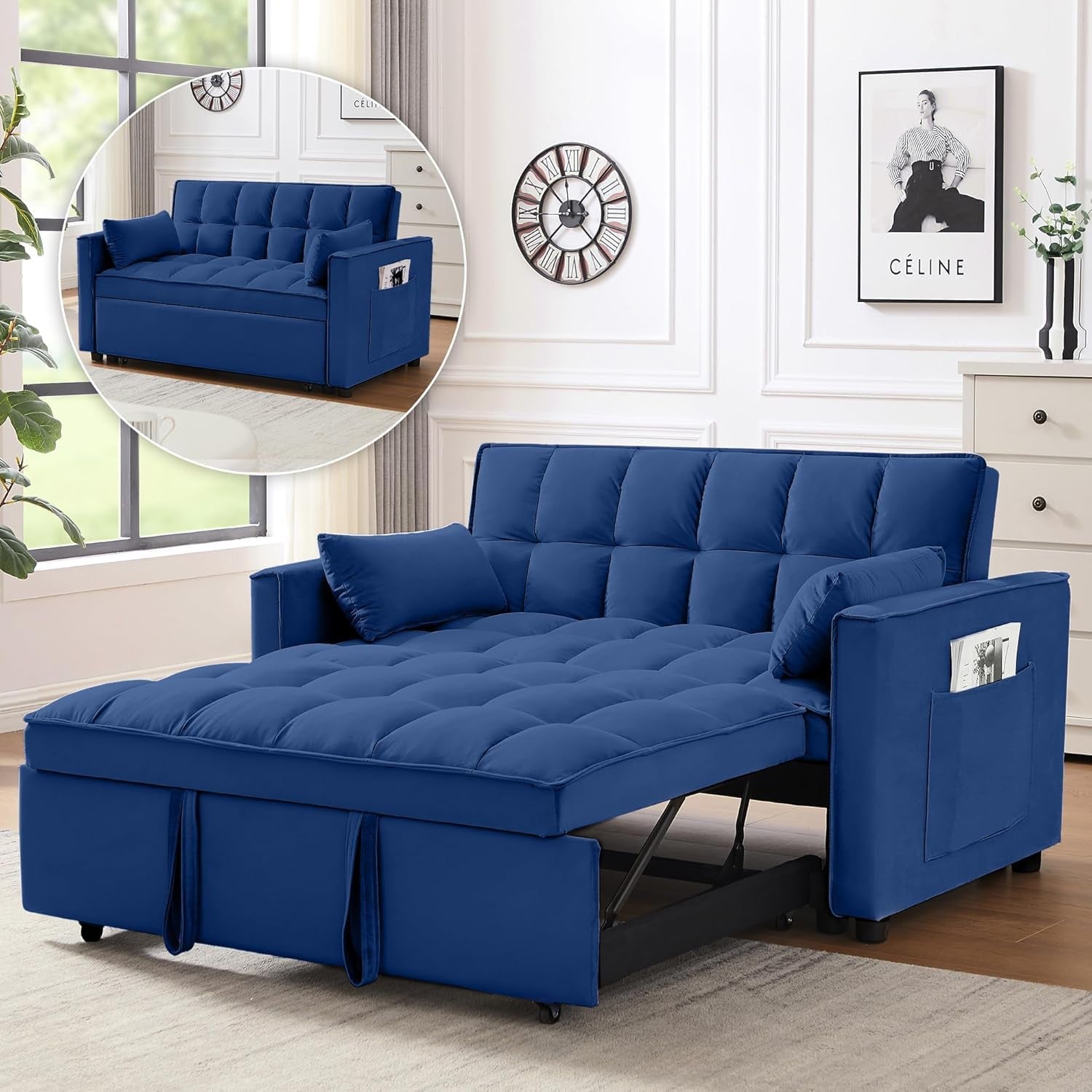 3 in 1 Velvet Convertible Sofa Bed, Modern Pull Out Couch Bed, Adjustable Backrest, 53'' Sleeper Loveseat with Pillows & Pockets, Futon Sofa Bed Full Size Couches for Small Spaces, Living Room (Blue)