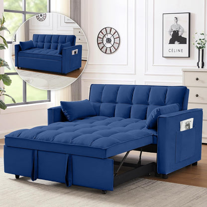 3 in 1 Velvet Convertible Sofa Bed, Modern Pull Out Couch Bed, Adjustable Backrest, 53'' Sleeper Loveseat with Pillows & Pockets, Futon Sofa Bed Full Size Couches for Small Spaces, Living Room (Blue)